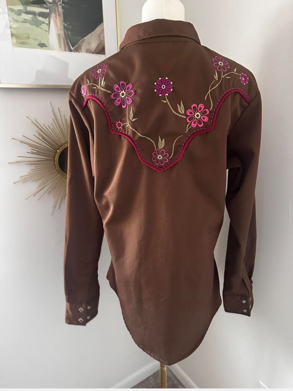 Wrangler Western Embroidered Brown Pink Floral Pearl Snap Shirt L - Picture 5 of 7
